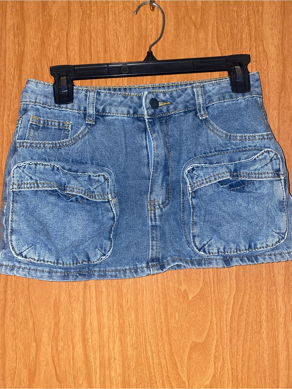 Denim Mini Skirt with Front Patch Pockets - Blue